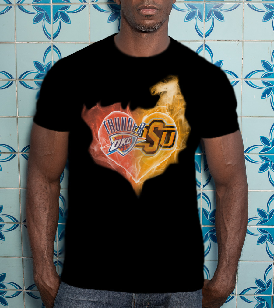 Thunder OKC And OSU Cowboys Flame Heart T-Shirt