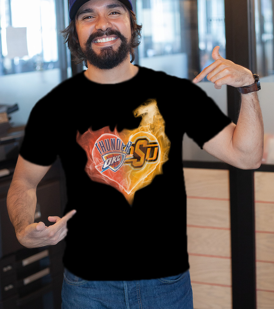 Thunder OKC And OSU Cowboys Flame Heart T-Shirt