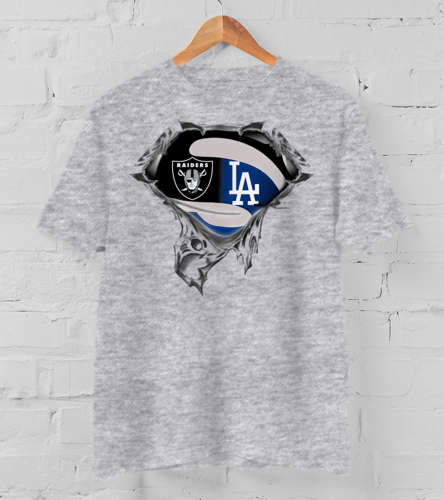 Raiders And Dodgers Logos Underneath Ripped Metal T-Shirt