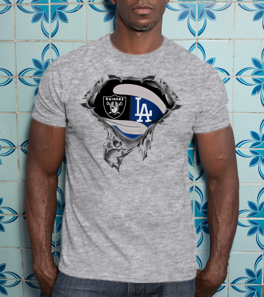 Raiders And Dodgers Logos Underneath Ripped Metal T-Shirt
