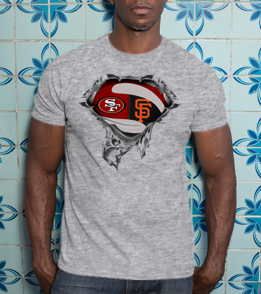 Sf 49ers And Giants Logos Inside Superhero Style T-Shirt