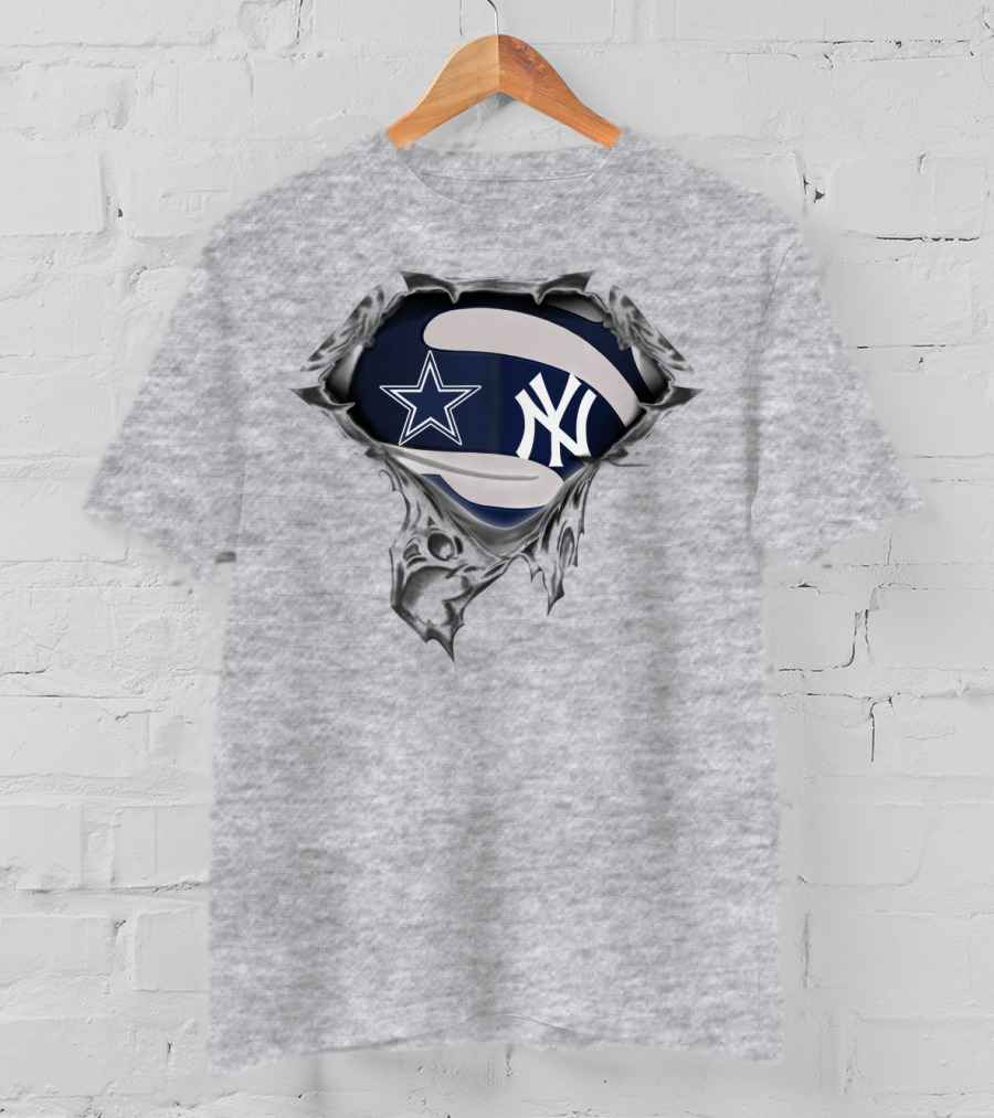 Cowboys Yankees Star And Ny Logo Fusion On Torn Fabric T-Shirt