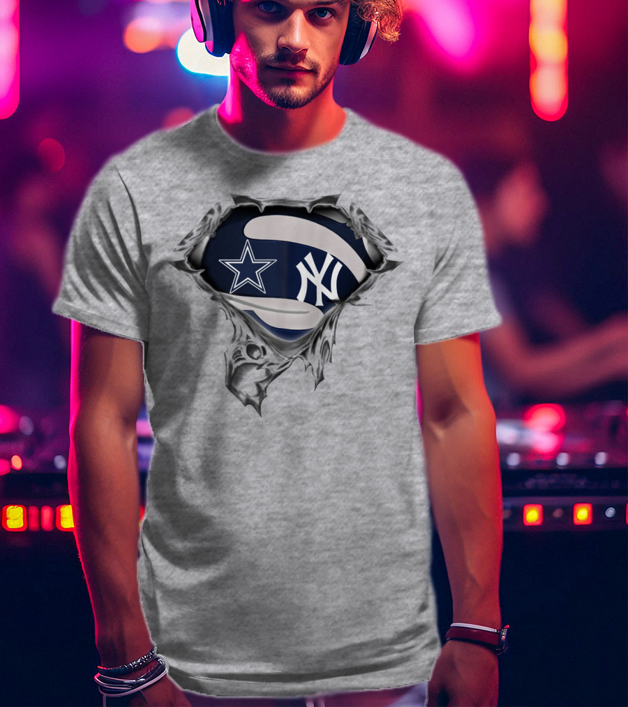 Cowboys Yankees Star And Ny Logo Fusion On Torn Fabric T-Shirt