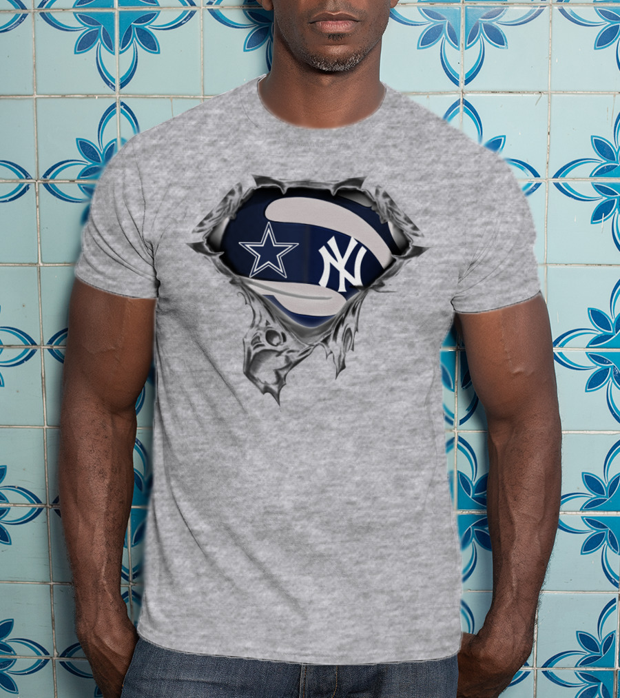 Cowboys Yankees Star And Ny Logo Fusion On Torn Fabric T-Shirt