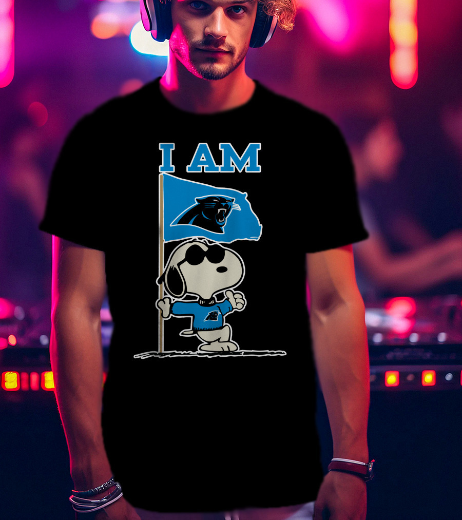Carolina Panthers Snoopy I Am Peanuts Blue Flag T-Shirt