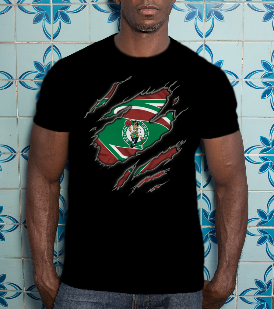 Boston Celtics Superman Logo Green And Red Rip T-Shirt