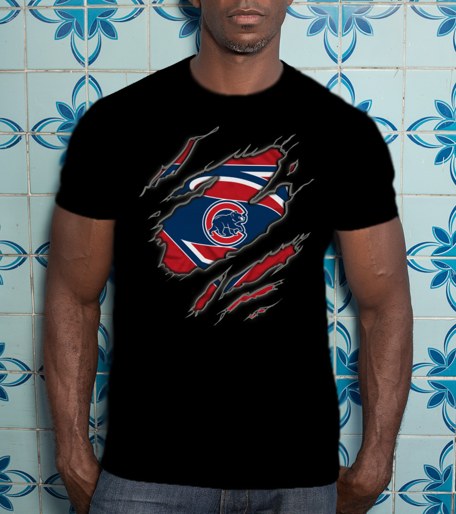 Chicago Cubs Superhero Shield Bear Claw Ripped T-Shirt