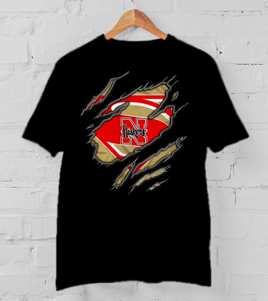 Nebraska Cornhuskers Huskers N Superman Logo Rip Effect T-Shirt