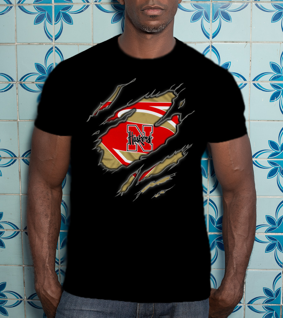 Nebraska Cornhuskers Huskers N Superman Logo Rip Effect T-Shirt