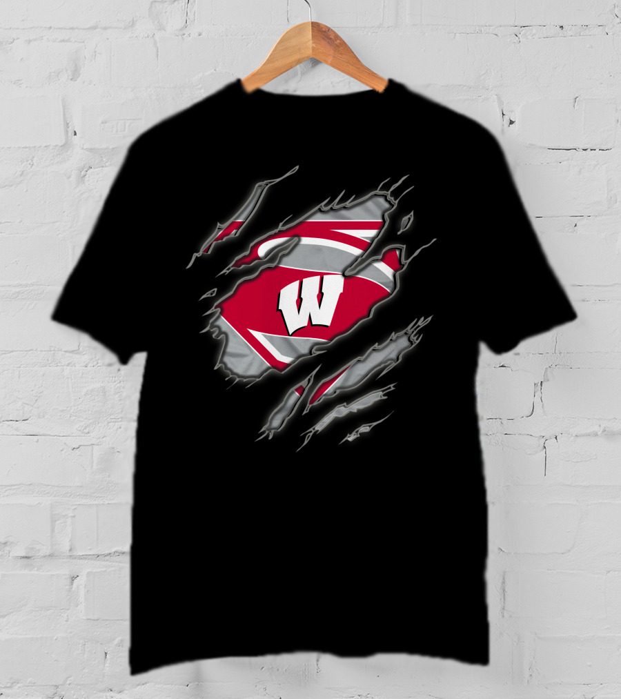 Wisconsin Badgers Superman Logo Ripped Effect T-Shirt