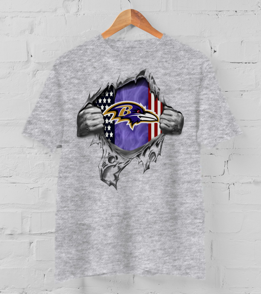 Baltimore Ravens American Flag Logo Graphic With Ripped Effect T-Shirt