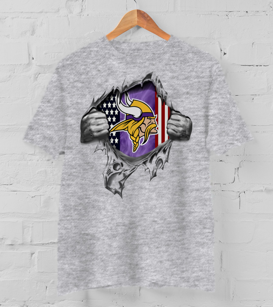 Ripped American Flag With Minnesota Vikings Logo And Viking Head T-Shirt