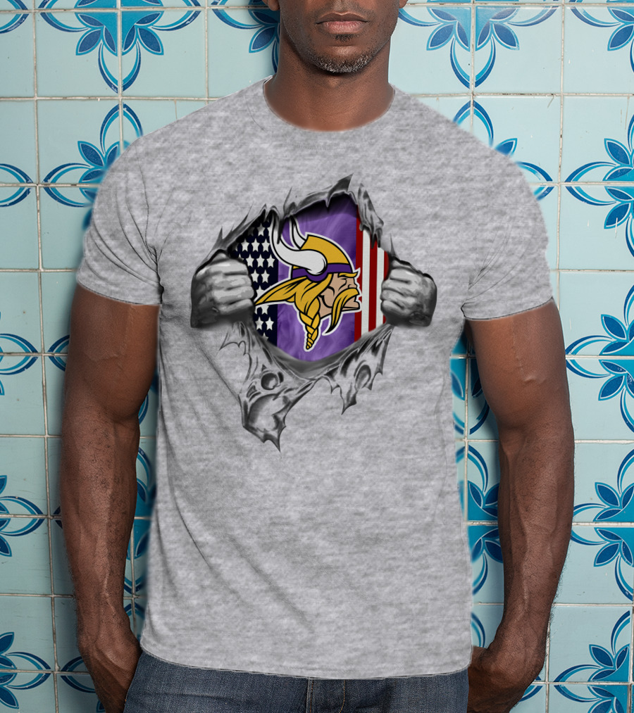 Ripped American Flag With Minnesota Vikings Logo And Viking Head T-Shirt