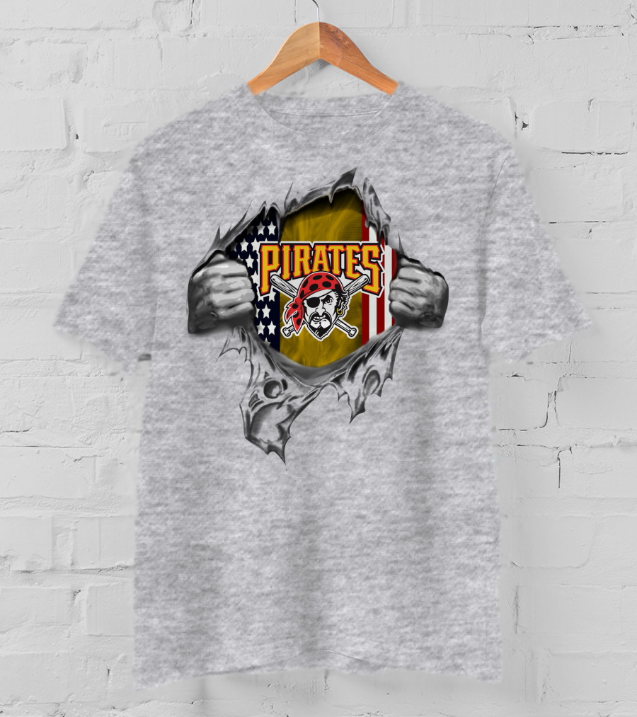 Pirates American Flag Skull And Crossed Bats Baseball Tear T-Shirt