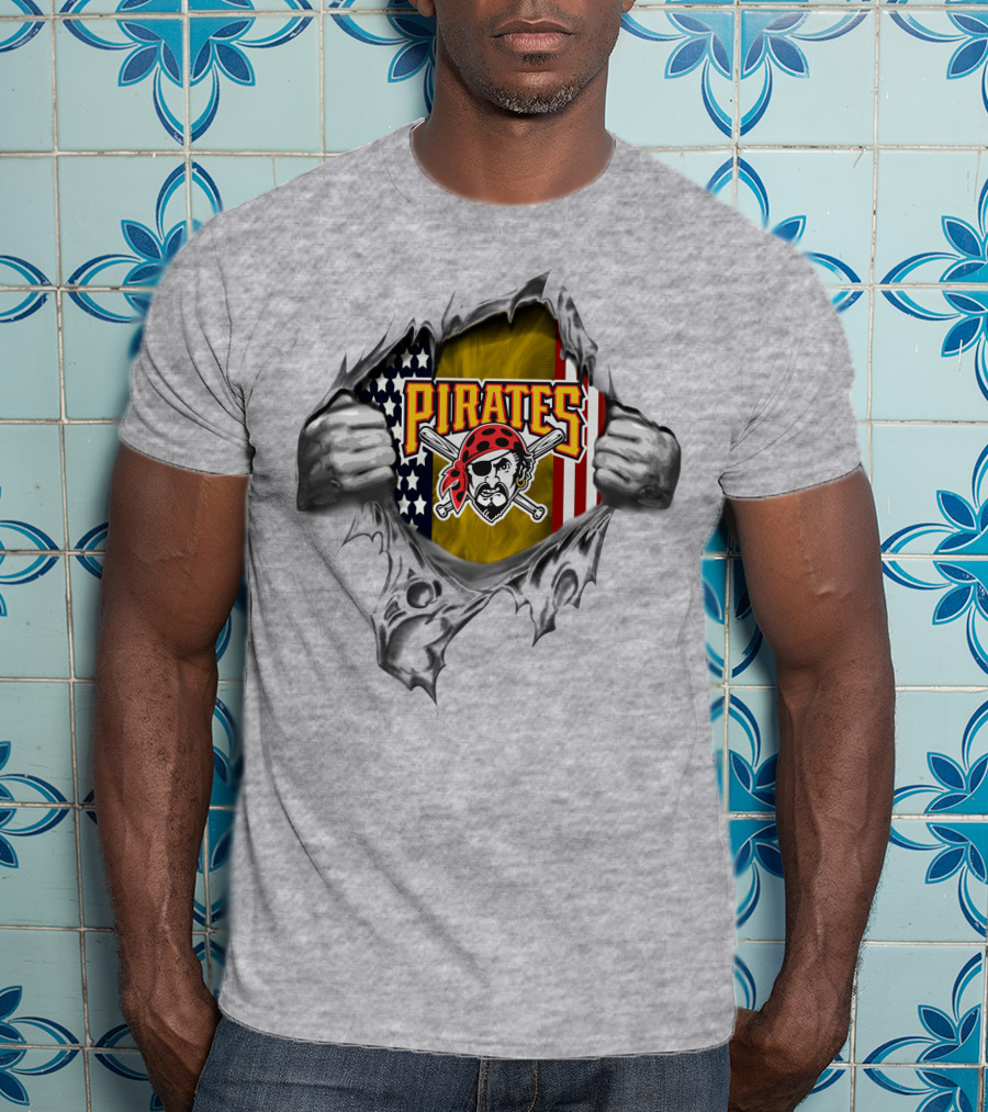 Pirates American Flag Skull And Crossed Bats Baseball Tear T-Shirt