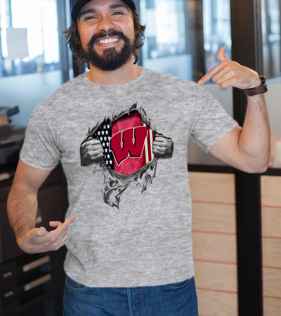 Wisconsin Badgers American Flag Ripped Reveal T-Shirt