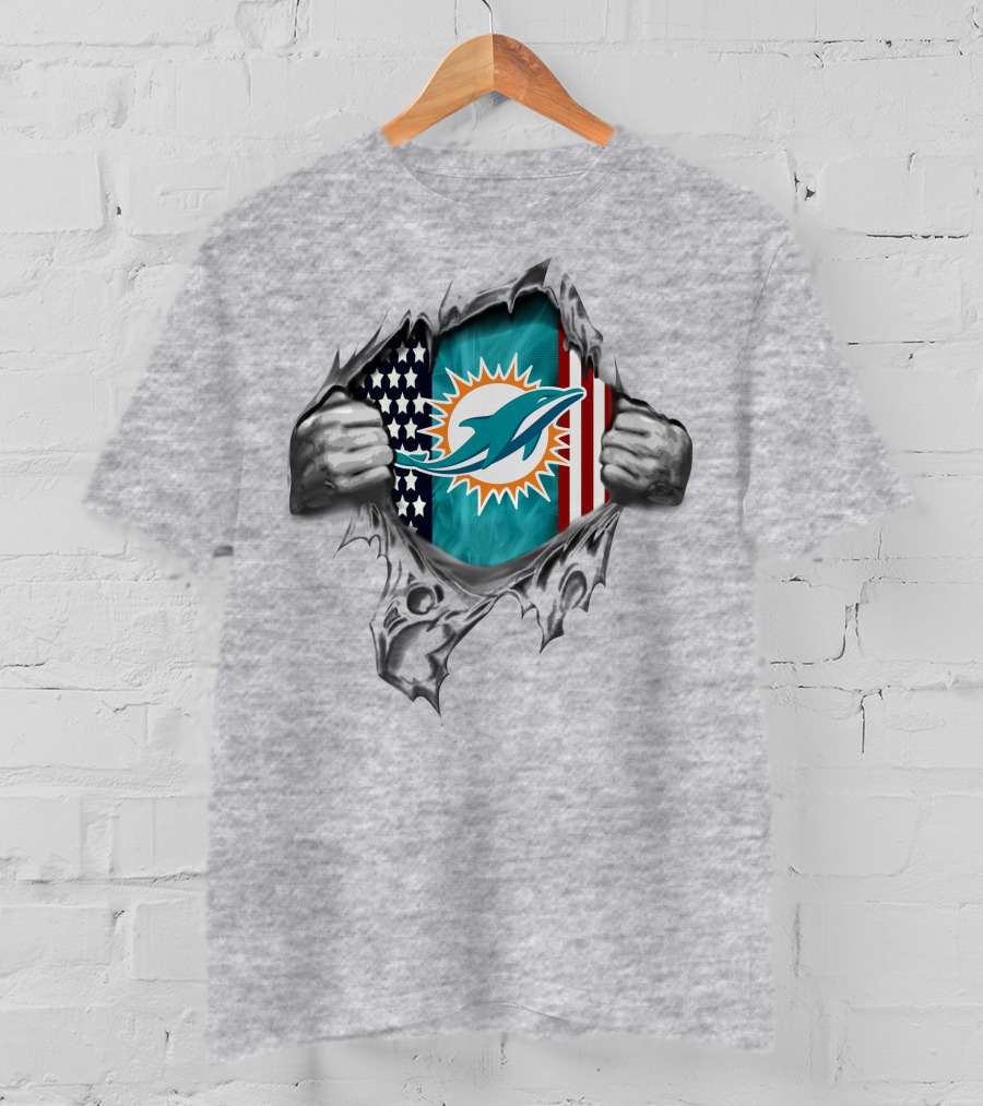 American Flag Miami Dolphins Logo Peeking Through Torn T-Shirt