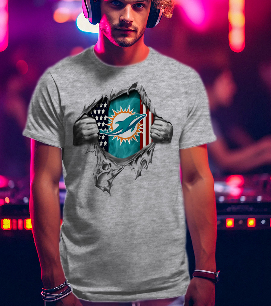 American Flag Miami Dolphins Logo Peeking Through Torn T-Shirt