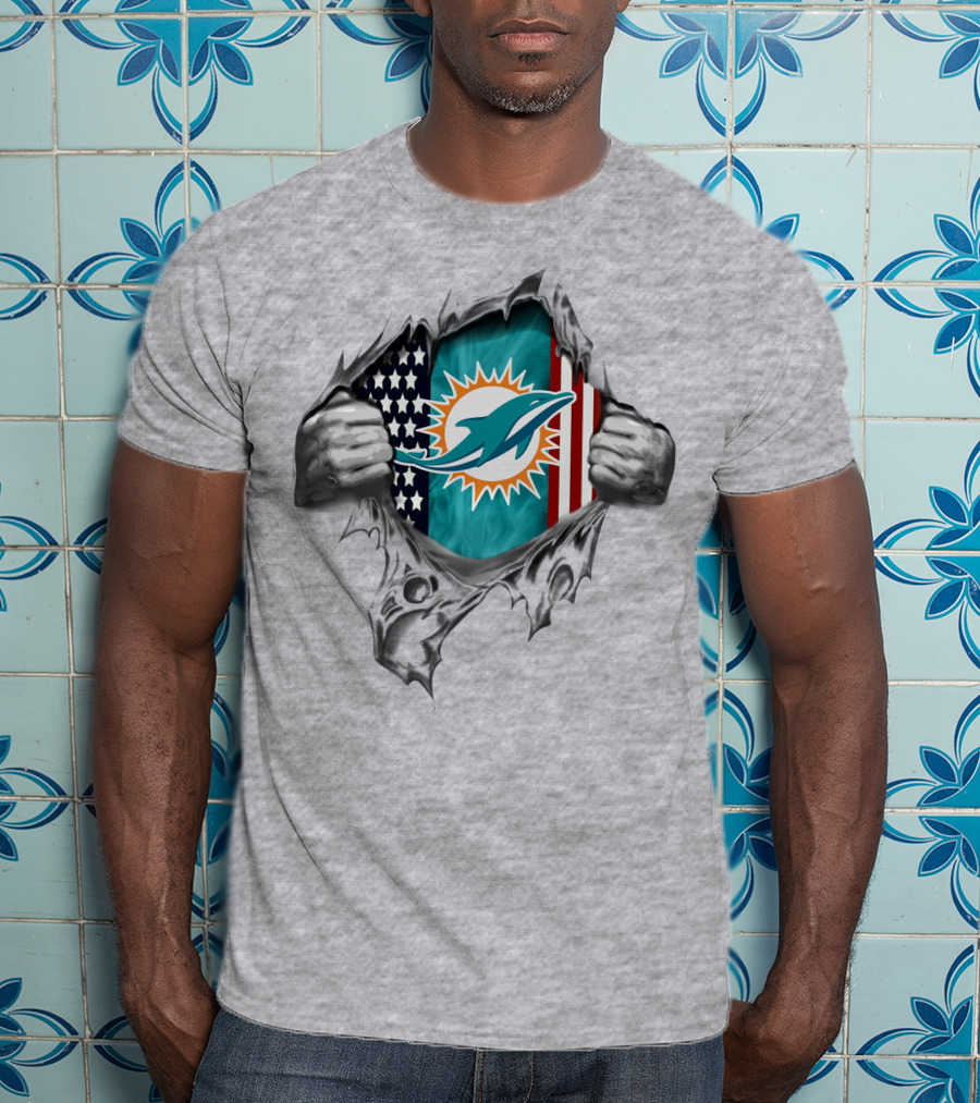 American Flag Miami Dolphins Logo Peeking Through Torn T-Shirt