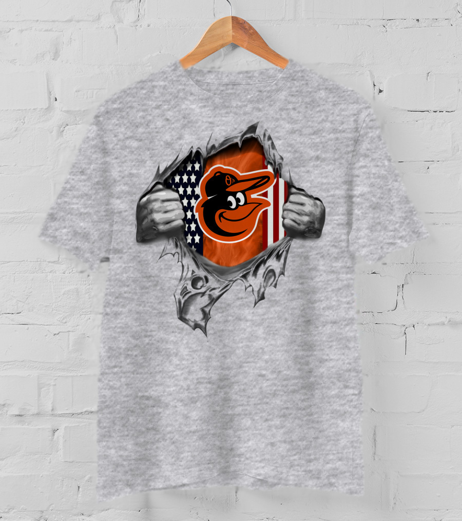 Baltimore Orioles American Flag Baseball Team Logo Peeling Layers T-Shirt