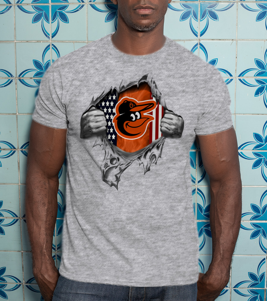 Baltimore Orioles American Flag Baseball Team Logo Peeling Layers T-Shirt