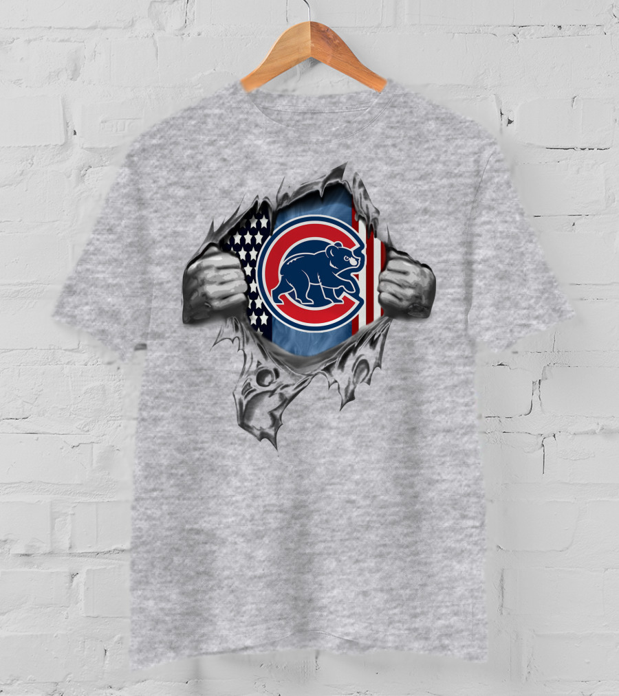 Chicago Cubs Bear With American Flag And Torn T-Shirt