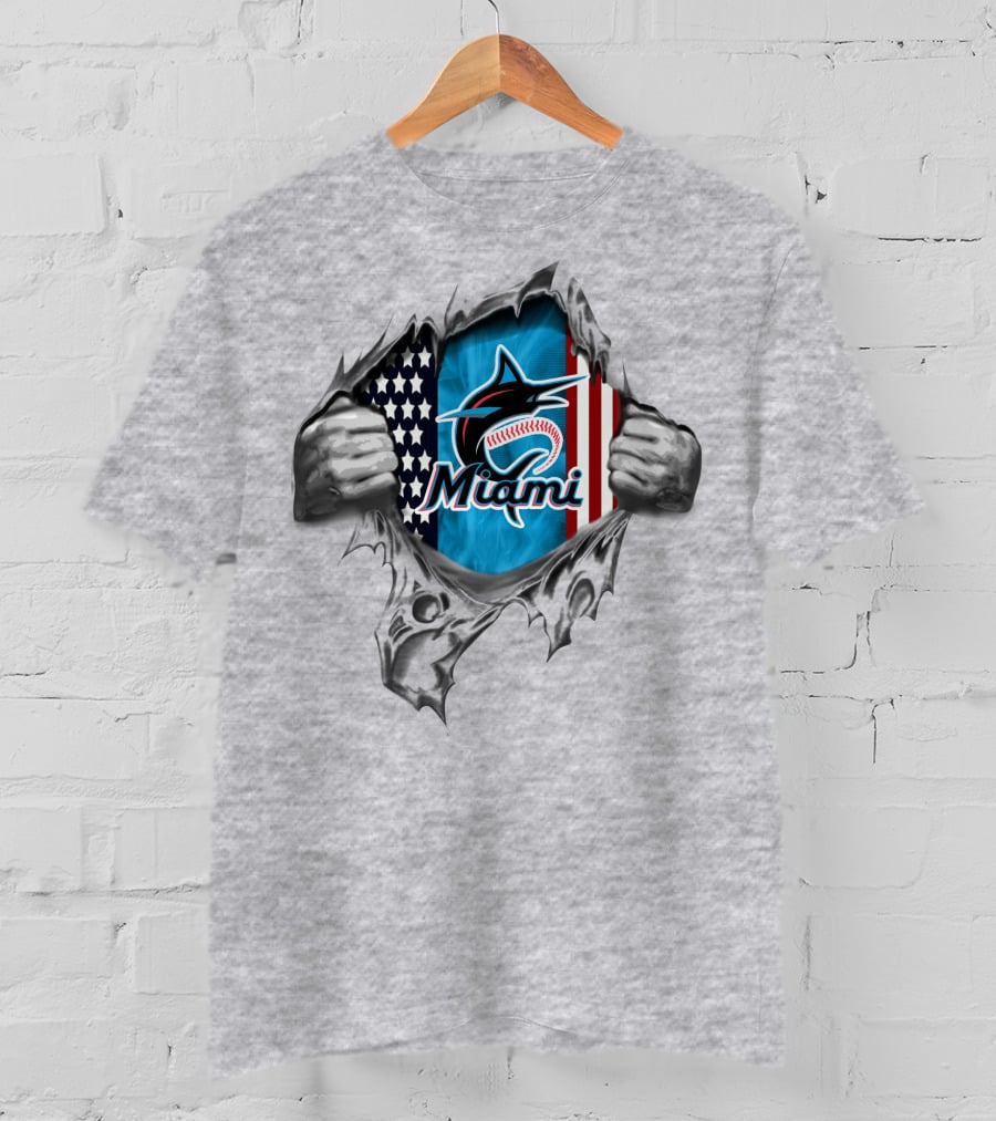 Miami Marlins American Flag Baseball Logo Tear Effect T-Shirt