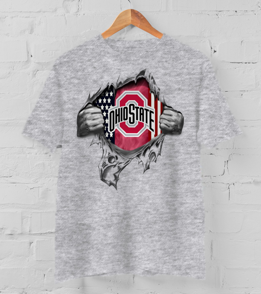 Ohio State Buckeyes American Flag Rip Through T-Shirt