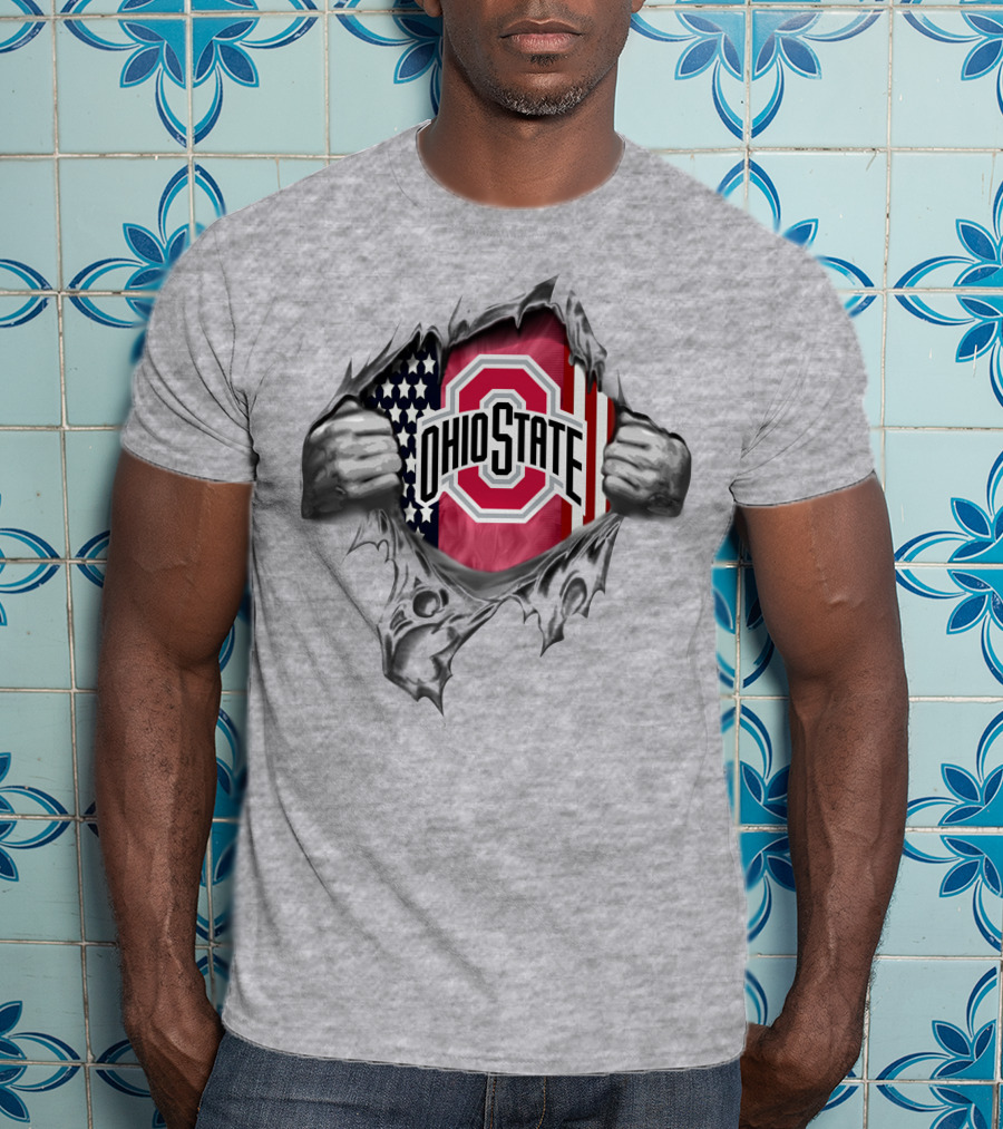 Ohio State Buckeyes American Flag Rip Through T-Shirt