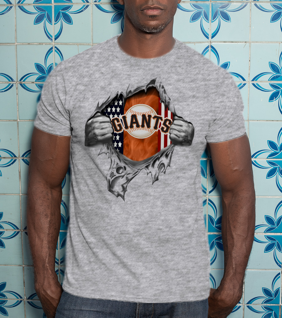 Giants Baseball American Flag Tear With Baseball T-Shirt