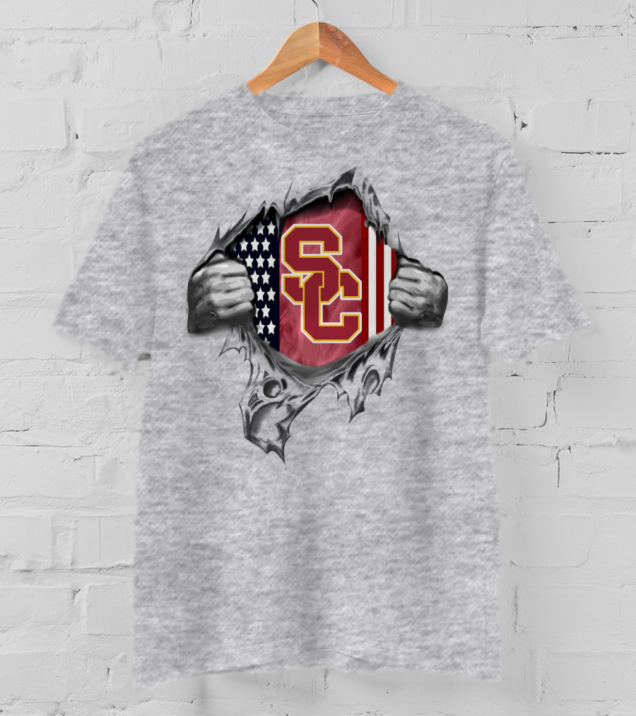 Usc Trojans American Flag Logo Ripped Chest T-Shirt