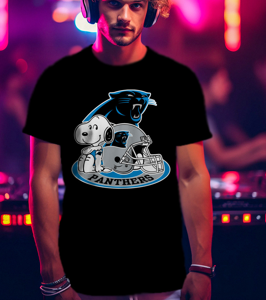 Snoopy Hugging Carolina Panthers Helmet With Team T-Shirt