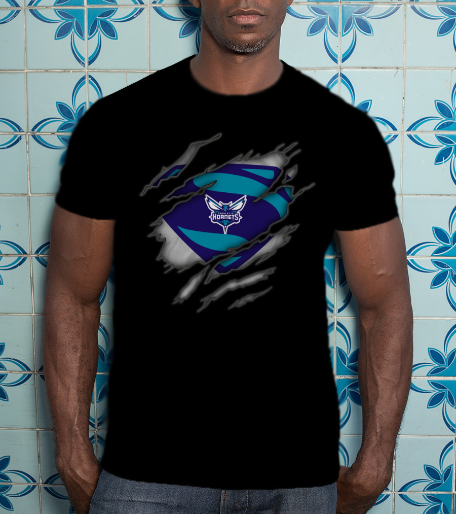 Charlotte Hornets Logo Ripped Superman Style T-Shirt