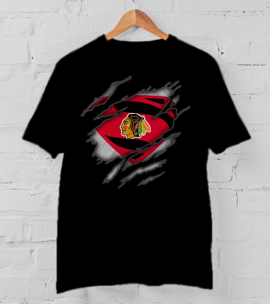Chicago Blackhawks Superman Logo Claw Ripped Effect T-Shirt