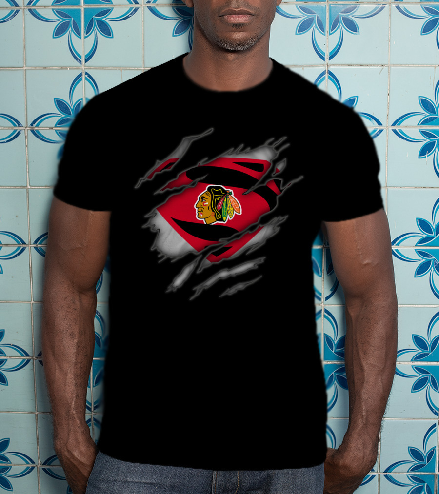Chicago Blackhawks Superman Logo Claw Ripped Effect T-Shirt