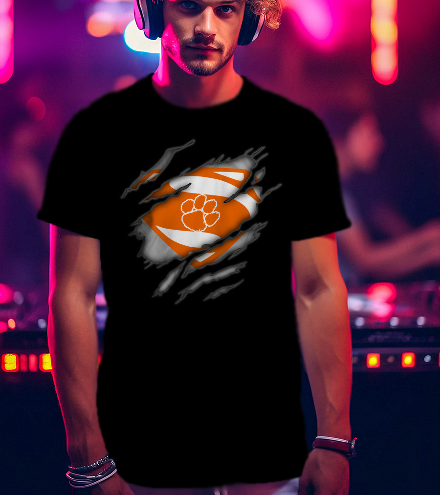 Clemson Tigers Logo Superman Ripped Chest T-Shirt