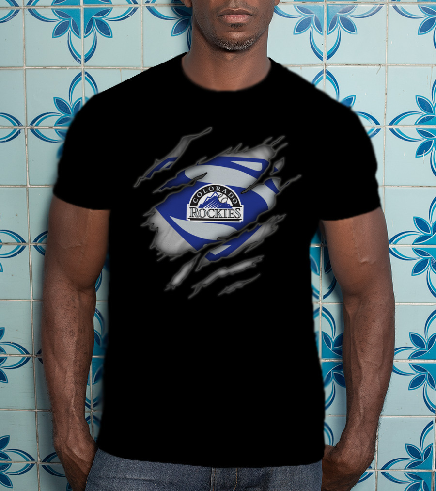 Colorado Rockies Emblem With Superman Style Rip Effect T-Shirt
