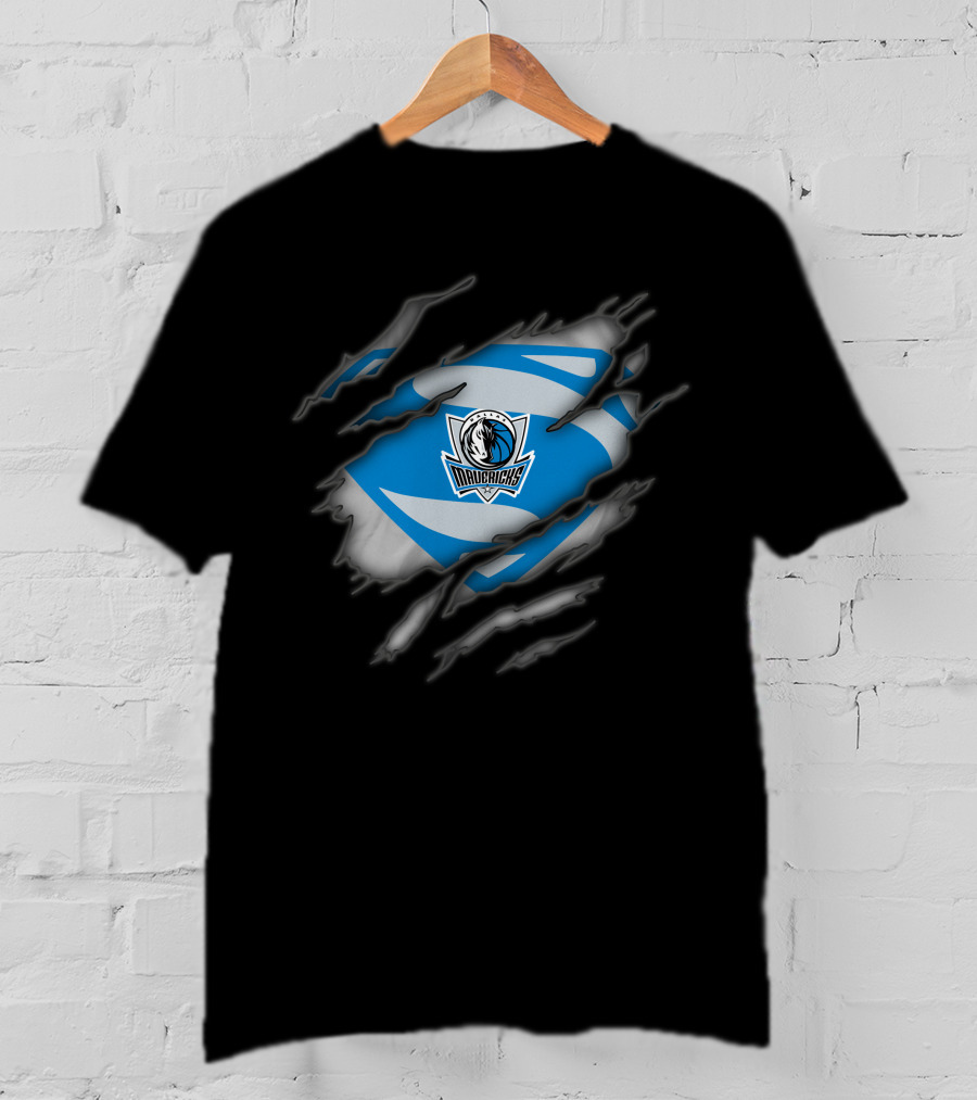 Dallas Mavericks Logo With Superman Style Costume Rip T-Shirt