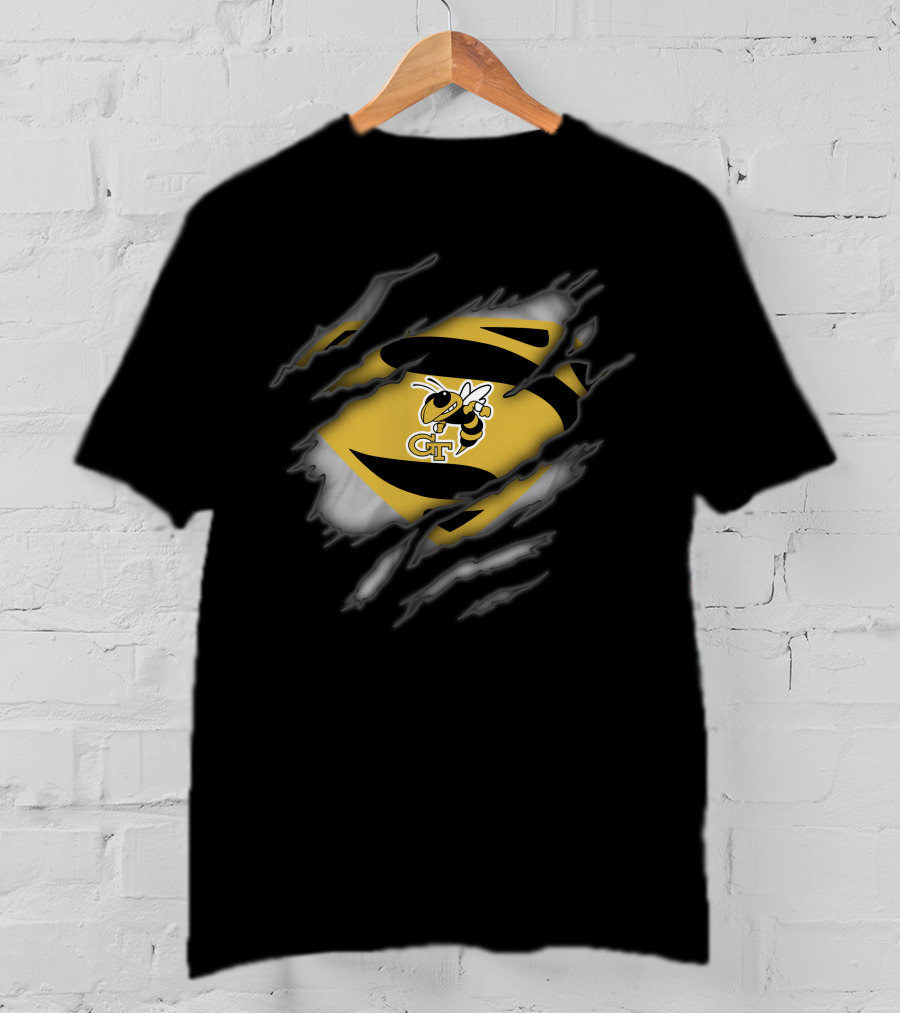 Georgia Tech Yellow Jackets Superman Logo Ripped Effect T-Shirt