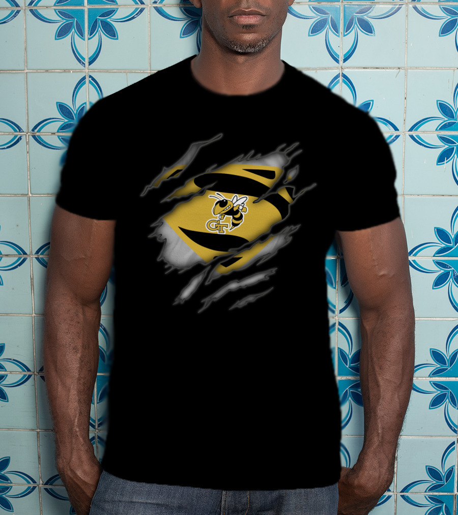 Georgia Tech Yellow Jackets Superman Logo Ripped Effect T-Shirt