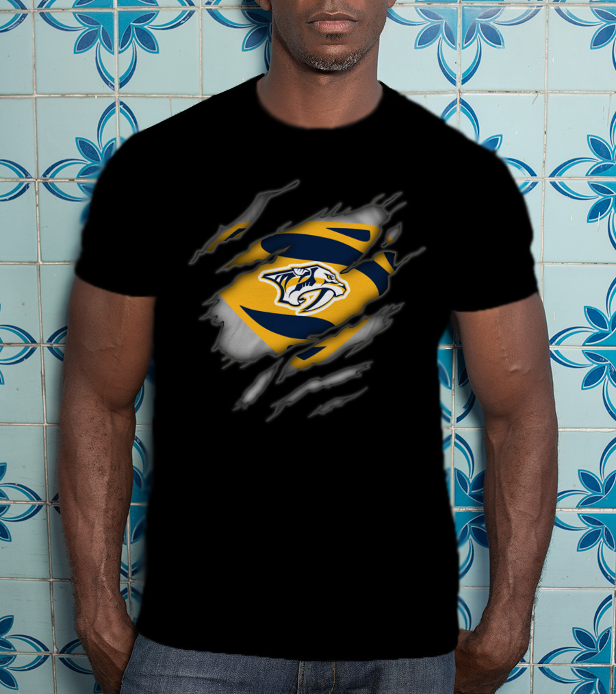 Nashville Predators Rip Through Logo Superhero Style T-Shirt
