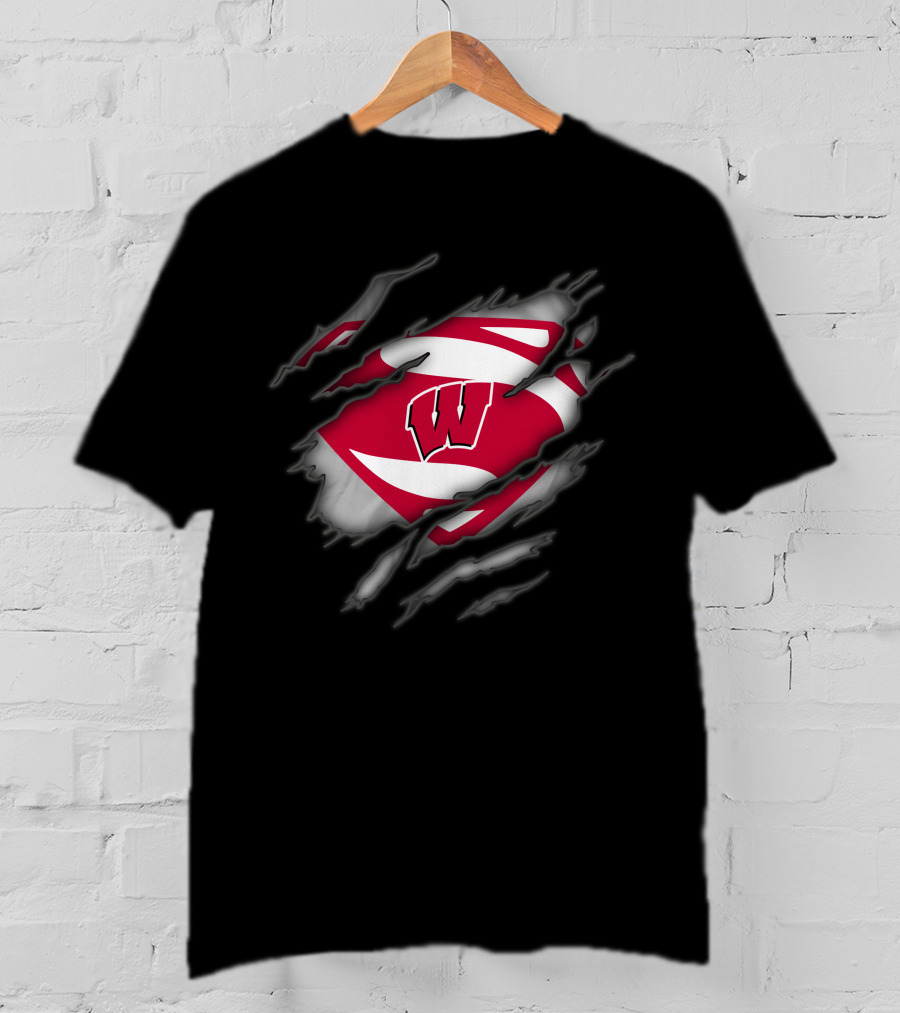 Wisconsin Badgers Logo With Superman Style Shield Print T-Shirt