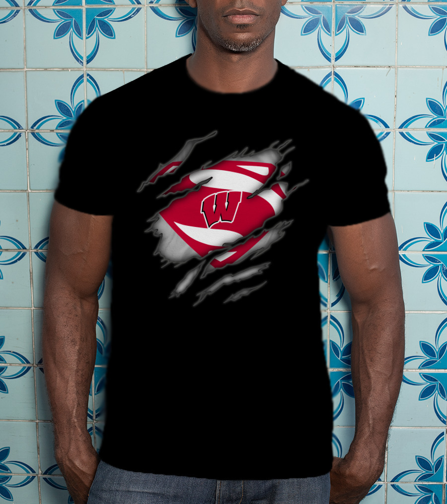Wisconsin Badgers Logo With Superman Style Shield Print T-Shirt