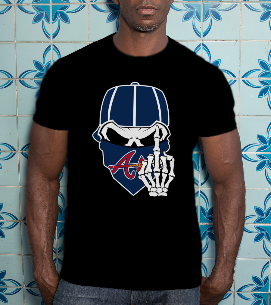 Atlanta Braves Skull Bandana And Skeleton Hand Gesture T-Shirt