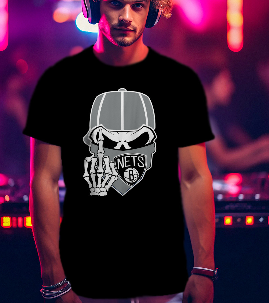 Brooklyn Nets Skull Skeleton Hand Gesture T-Shirt