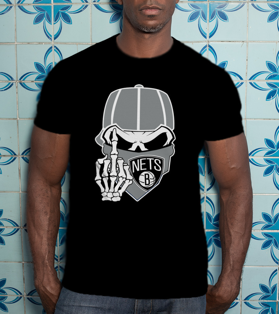 Brooklyn Nets Skull Skeleton Hand Gesture T-Shirt