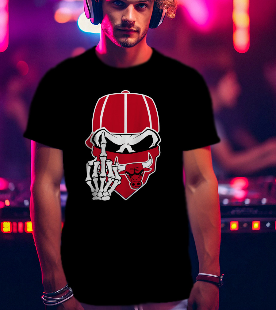 Chicago Bulls Skull Bandana Skeleton Hand Gesture T-Shirt