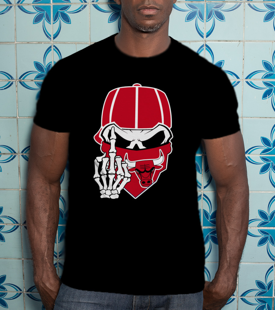 Chicago Bulls Skull Bandana Skeleton Hand Gesture T-Shirt