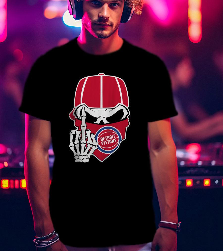Detroit Pistons Skull Bandana Skeleton Gesture T-Shirt