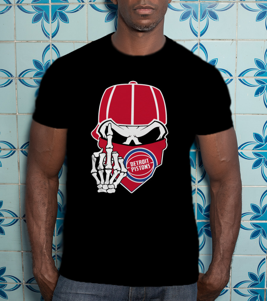 Detroit Pistons Skull Bandana Skeleton Gesture T-Shirt